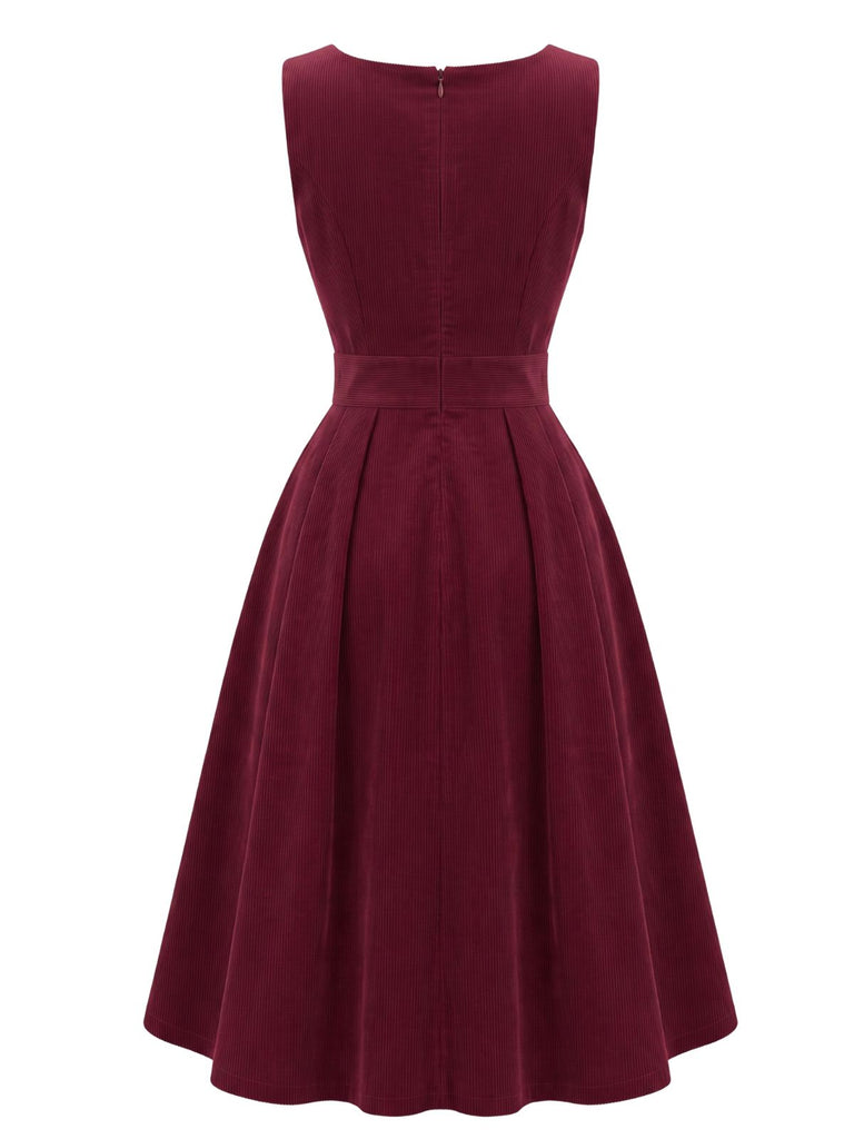 1950s Deep V-Neck Corduroy Pleated Pinafore