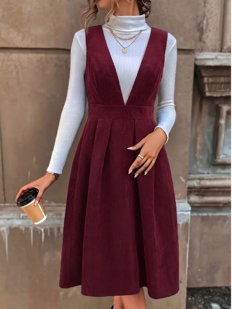 1950s Deep V-Neck Corduroy Pleated Pinafore