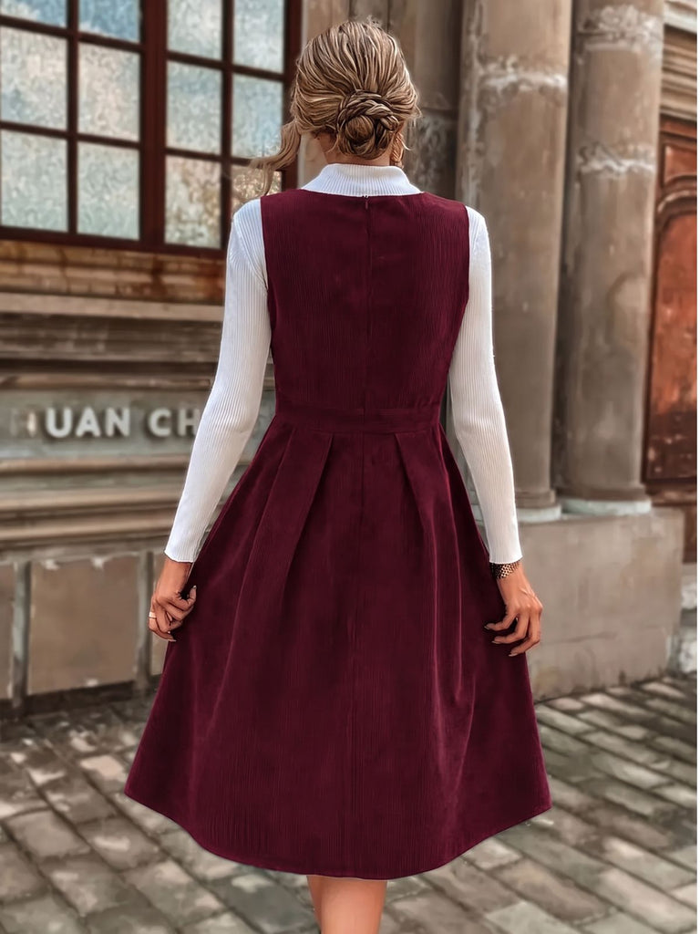 1950s Deep V-Neck Corduroy Pleated Pinafore