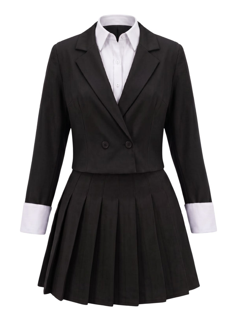 2PCS 1960s Solid Cropped Blazer & Pleated Skirt