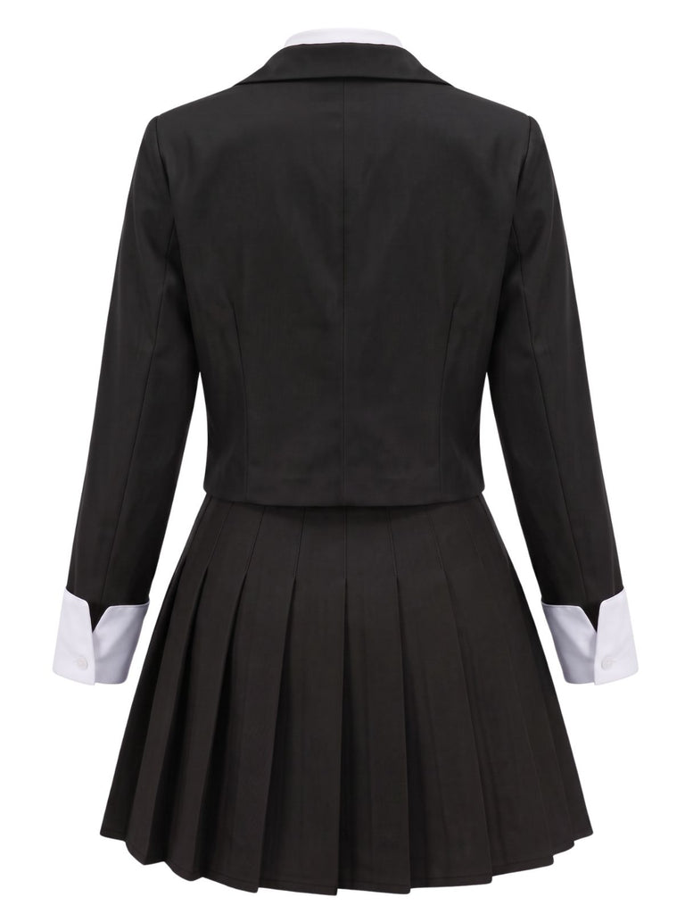 2PCS 1960s Solid Cropped Blazer & Pleated Skirt