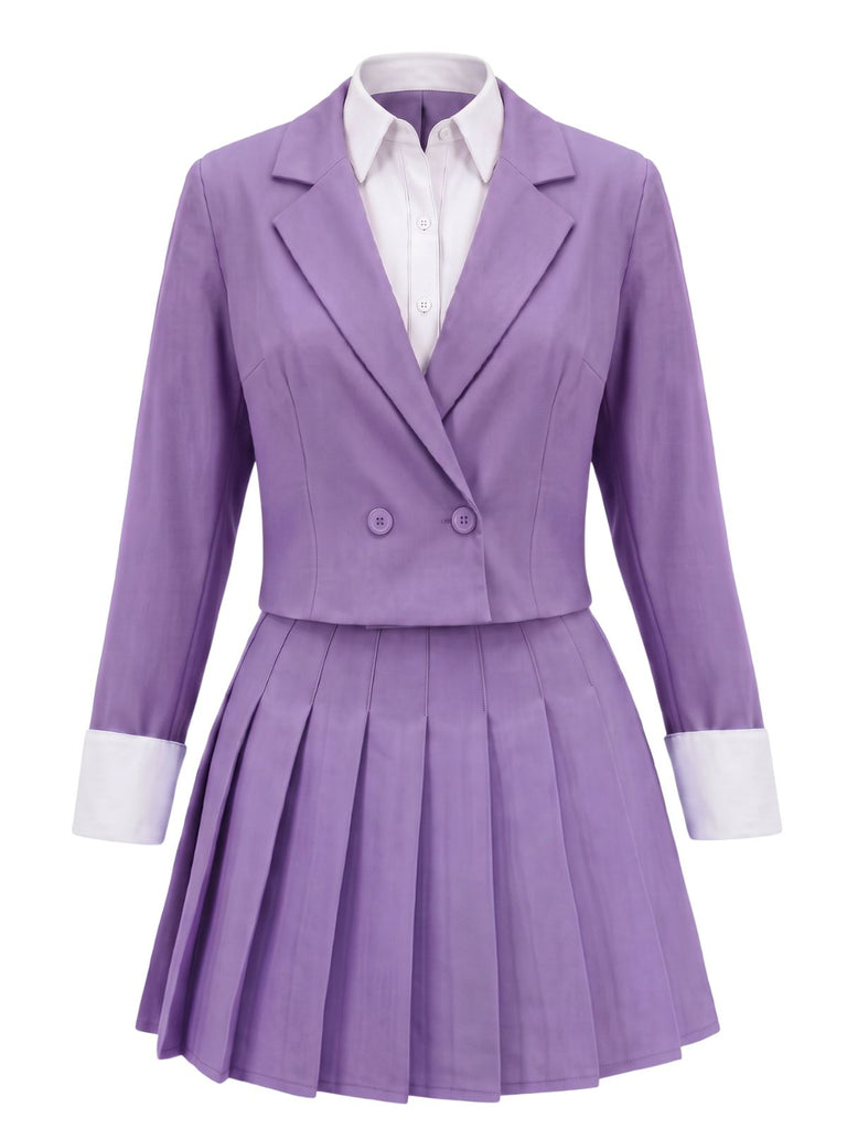 2PCS 1960s Solid Cropped Blazer & Pleated Skirt