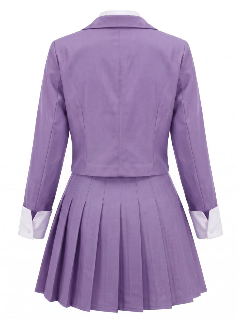 2PCS 1960s Solid Cropped Blazer & Pleated Skirt