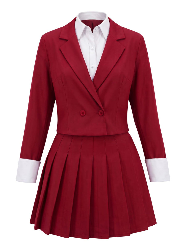 2PCS 1960s Solid Cropped Blazer & Pleated Skirt