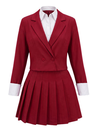2PCS 1960s Solid Cropped Blazer & Pleated Skirt