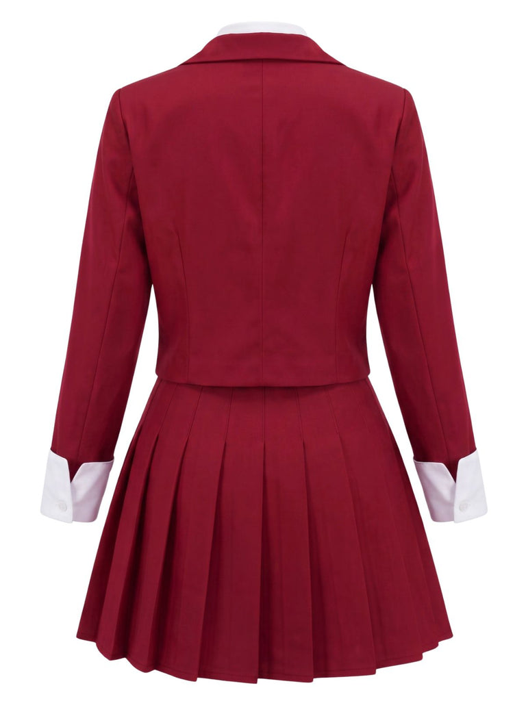 2PCS 1960s Solid Cropped Blazer & Pleated Skirt