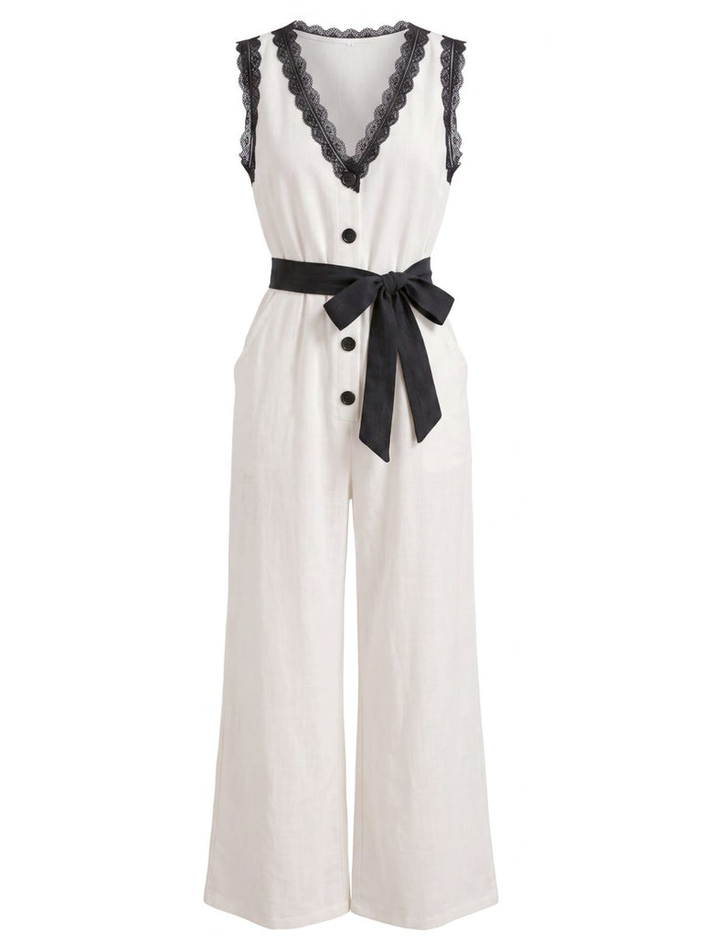 White 1950s V-Neck Lace Trim Belted Sleeveless Jumpsuit