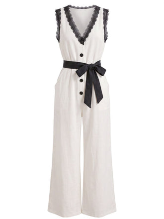 White 1950s V-Neck Lace Trim Belted Sleeveless Jumpsuit