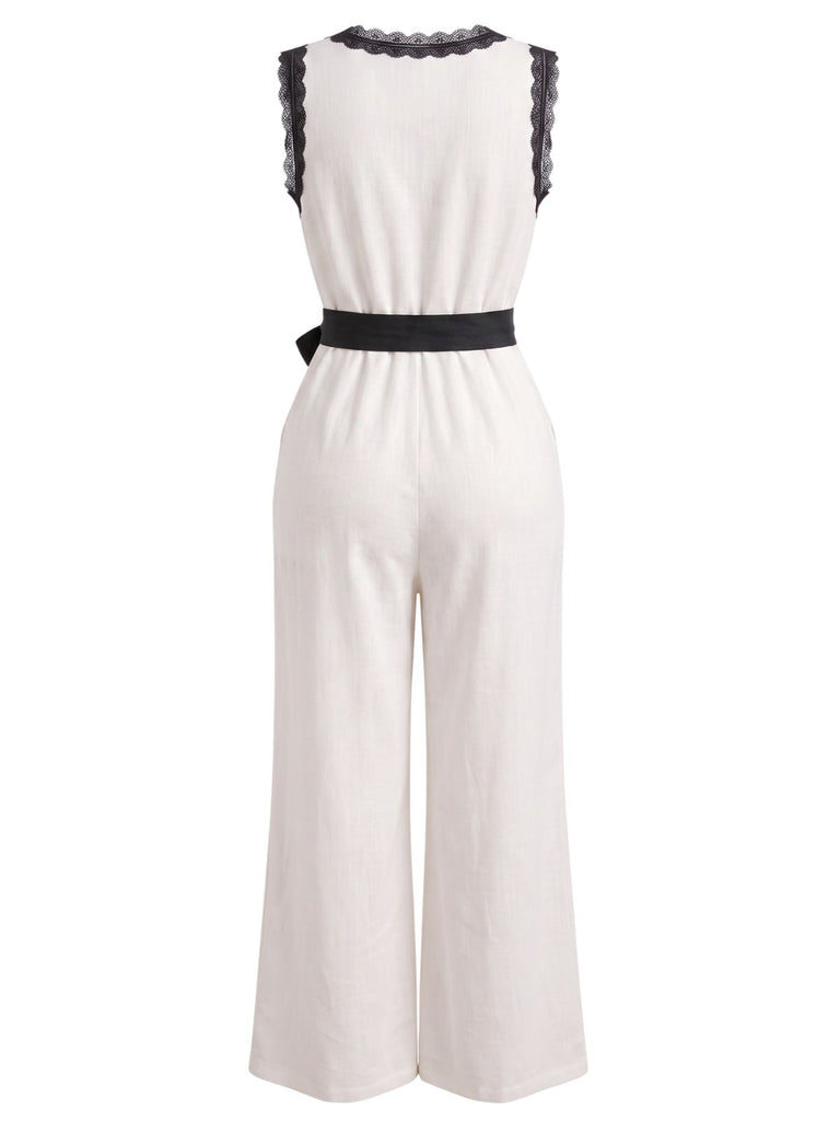 White 1950s V-Neck Lace Trim Belted Sleeveless Jumpsuit