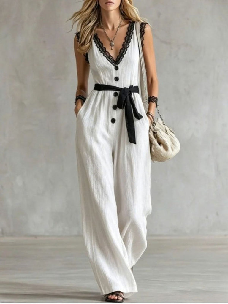 White 1950s V-Neck Lace Trim Belted Sleeveless Jumpsuit