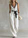 White 1950s V-Neck Lace Trim Belted Sleeveless Jumpsuit