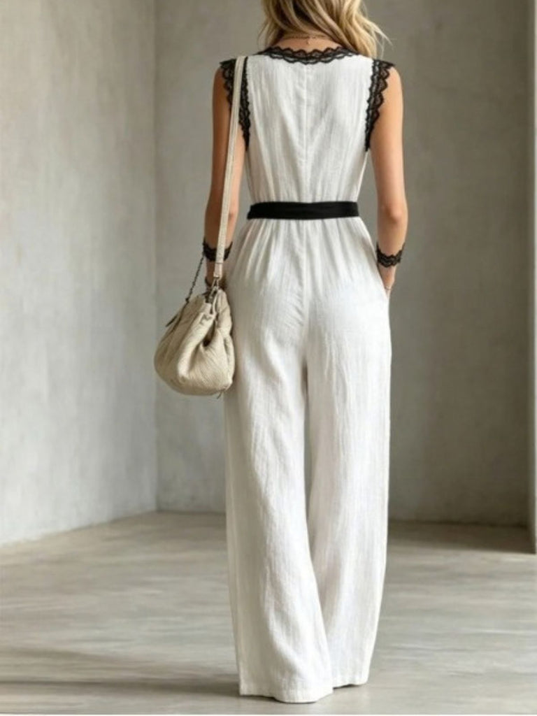White 1950s V-Neck Lace Trim Belted Sleeveless Jumpsuit