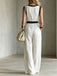 White 1950s V-Neck Lace Trim Belted Sleeveless Jumpsuit