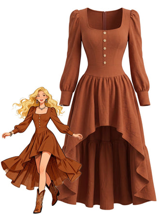 Brown 1970s Square Neck High-Low Hem Dress