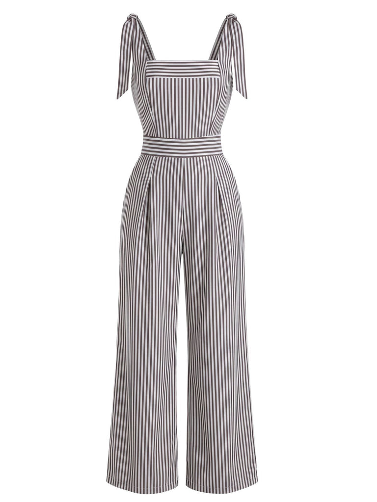Grey 1940s Stripe Sleeveless Shoulder Tie Waist Wide Leg Jumpsuit