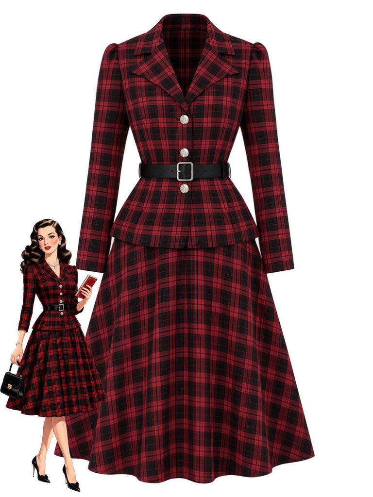 [Pre-Sale] 2PCS Black & Red 1950s Tartan Belted Fitted Blazer & Skirt