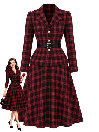 [Pre-Sale] 2PCS Black & Red 1950s Tartan Belted Fitted Blazer & Skirt
