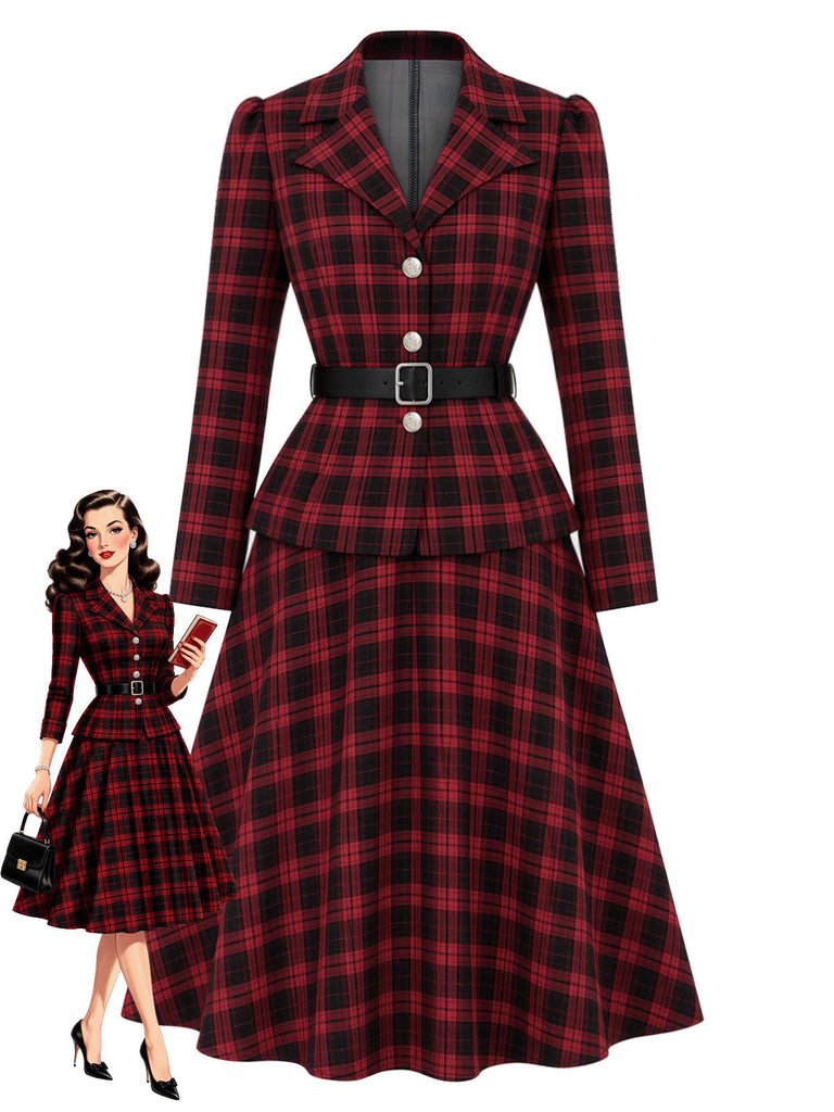 [Pre-Sale] 2PCS Black & Red 1950s Tartan Belted Fitted Blazer & Skirt