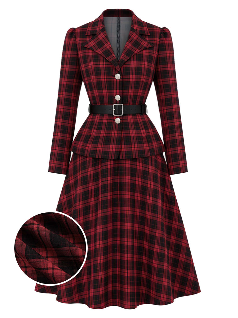 [Pre-Sale] 2PCS Black & Red 1950s Tartan Belted Fitted Blazer & Skirt
