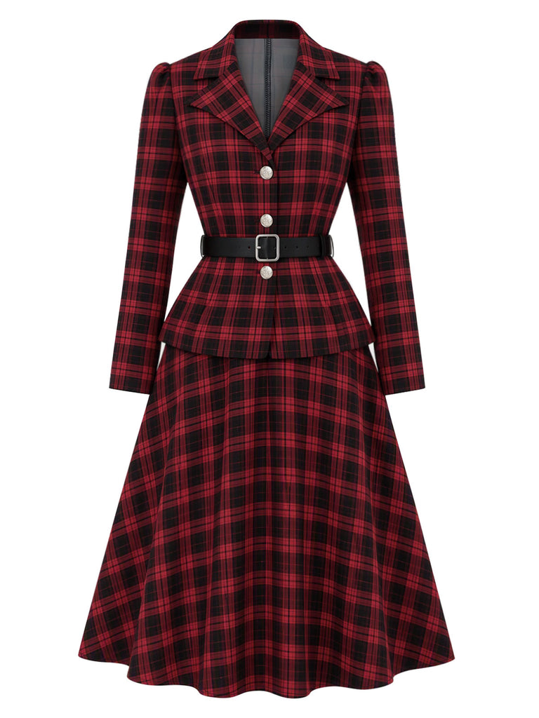 [Pre-Sale] 2PCS Black & Red 1950s Tartan Belted Fitted Blazer & Skirt