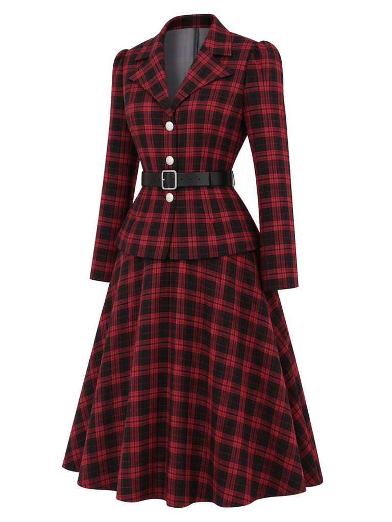 [Pre-Sale] 2PCS Black & Red 1950s Tartan Belted Fitted Blazer & Skirt