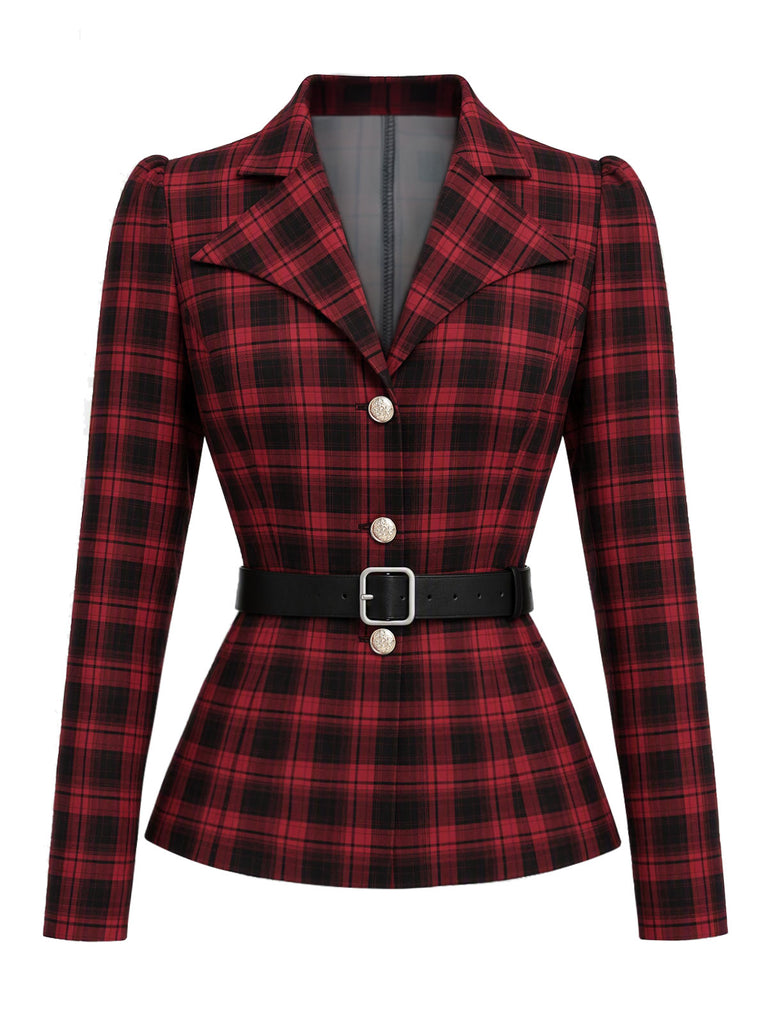 [Pre-Sale] 2PCS Black & Red 1950s Tartan Belted Fitted Blazer & Skirt