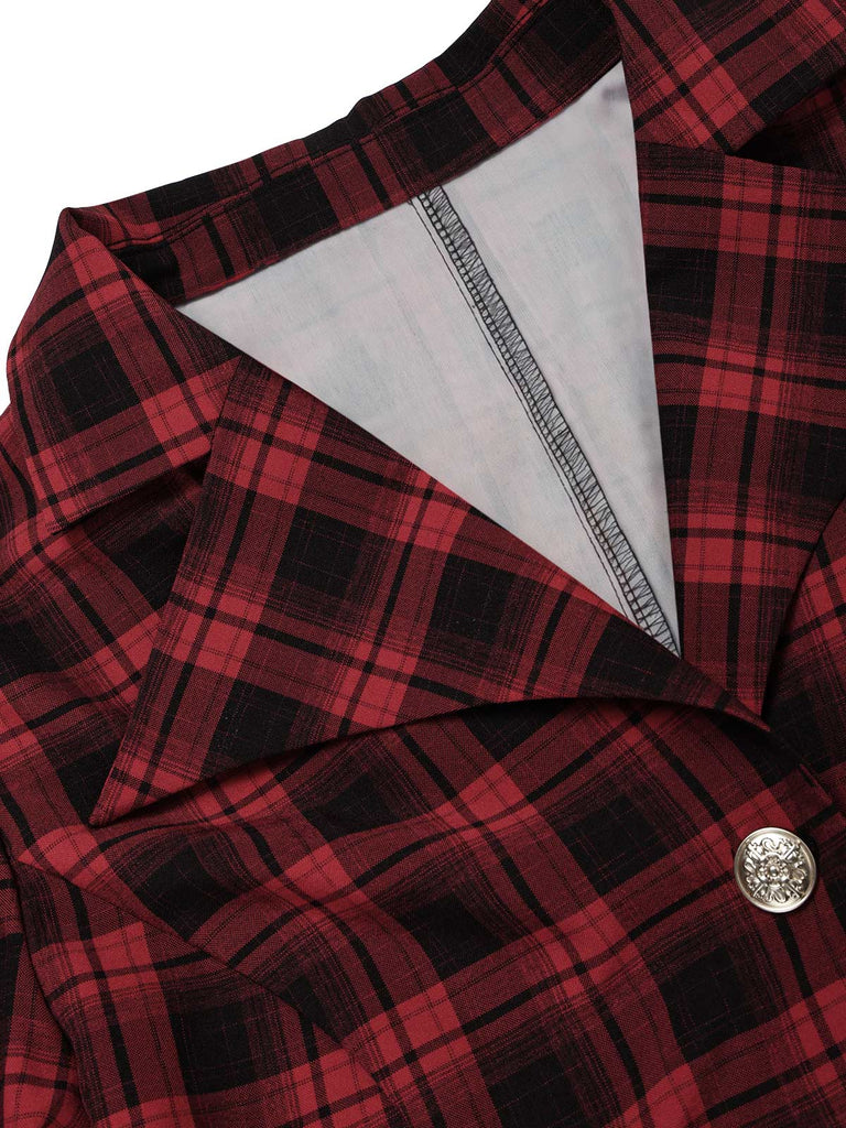 [Pre-Sale] 2PCS Black & Red 1950s Tartan Belted Fitted Blazer & Skirt
