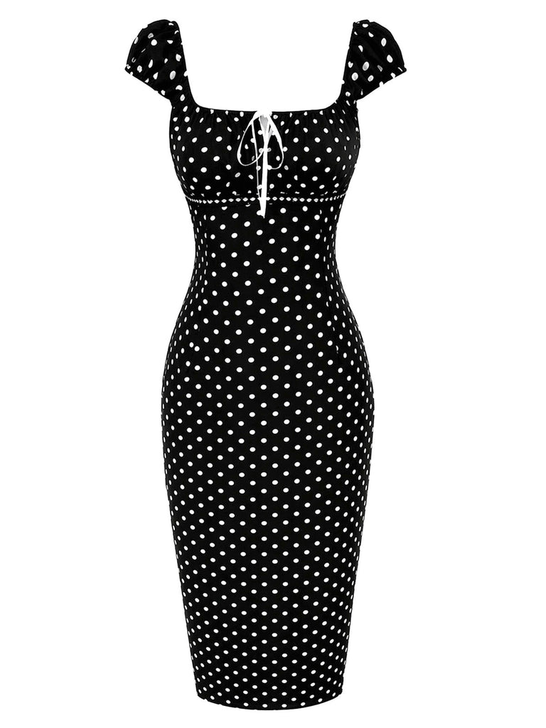 [Pre-Sale] Black 1960s Square Neck Polka Dot Pencil Dress