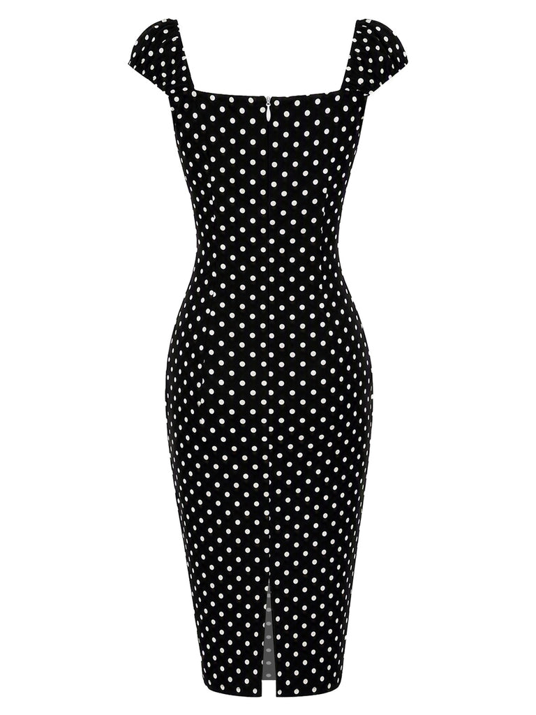 [Pre-Sale] Black 1960s Square Neck Polka Dot Pencil Dress