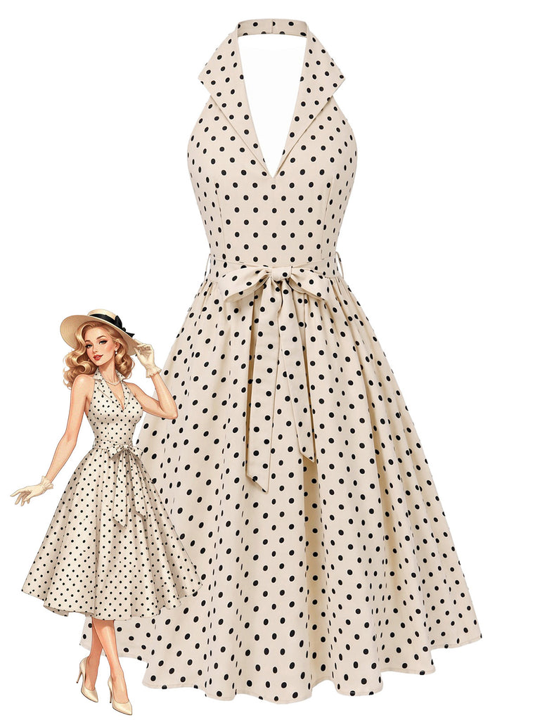 [Pre-Sale] 1950s Polka Dot Halter Backless Belted Swing Dress