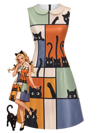 [Pre-Sale] 1960s Abstract Art Cat Print Peter Pan Collar A-Line Dress