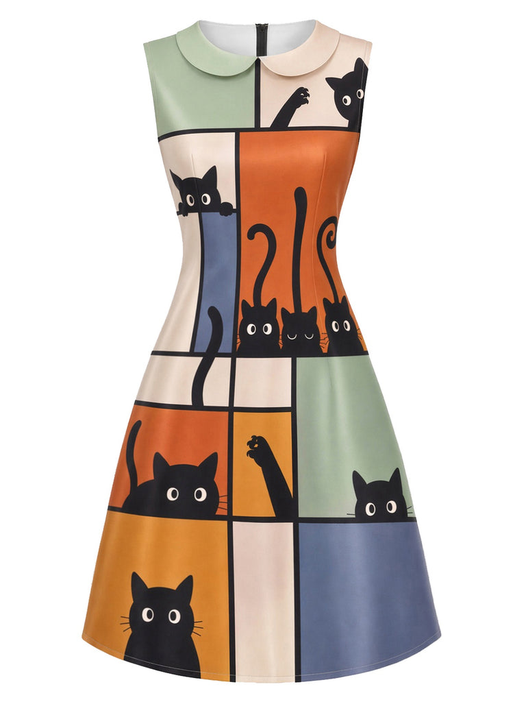 [Pre-Sale] 1960s Abstract Art Cat Print Peter Pan Collar A-Line Dress