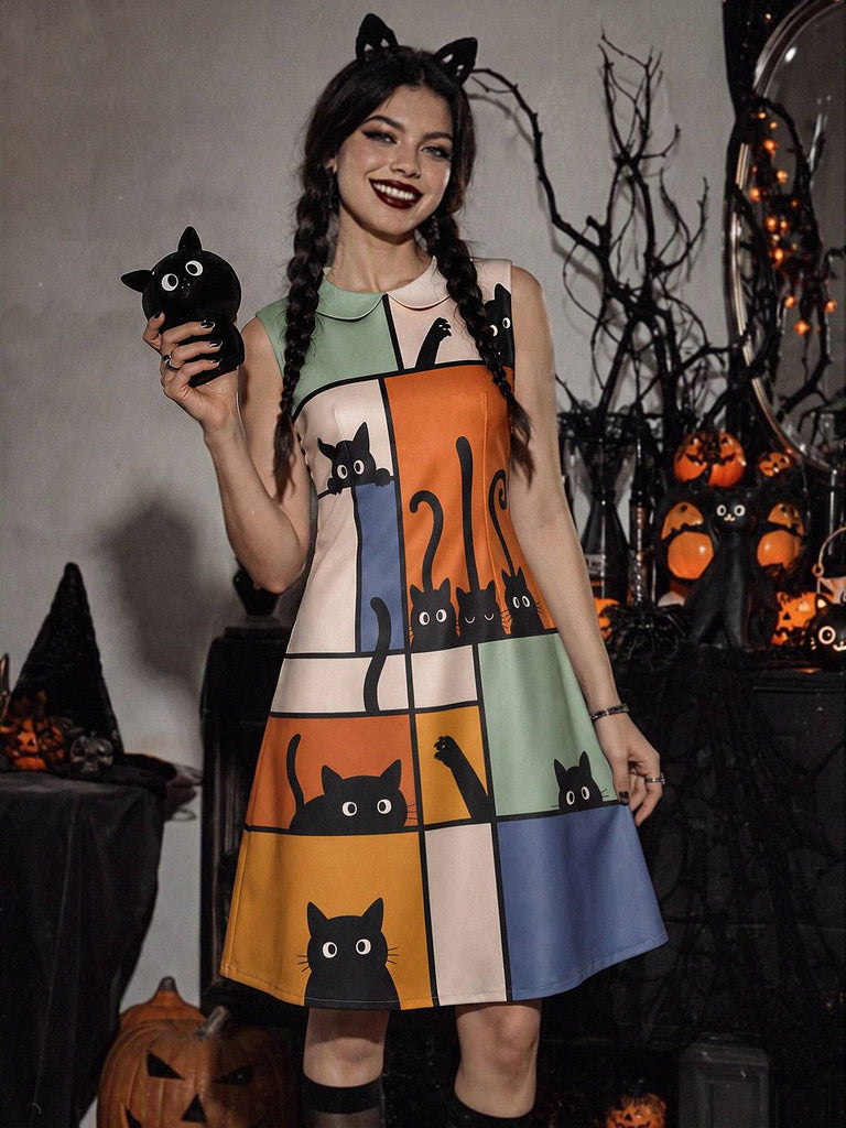 [Pre-Sale] 1960s Abstract Art Cat Print Peter Pan Collar A-Line Dress