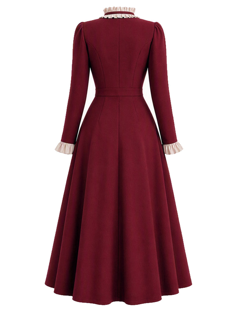 [Pre-Sale] Burgundy 1950s Ruffle Collar Button Coat Dress