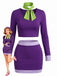 2PCS Purple 1960s Color Block Tie Neck Costume Set