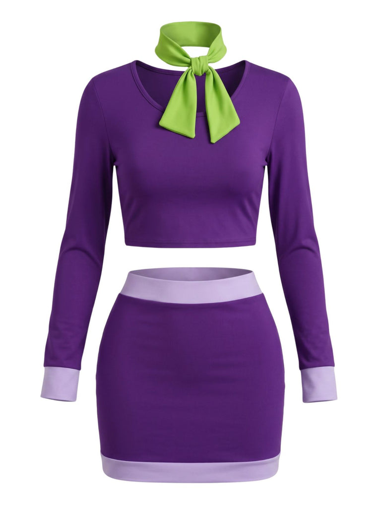 2PCS Purple 1960s Color Block Tie Neck Costume Set