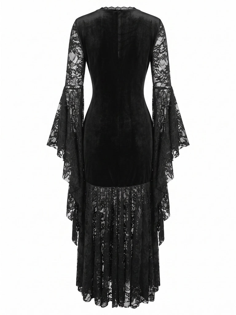 Black 1970s Gothic Batwing Sleeve Lace Patchwork Velvet Dress