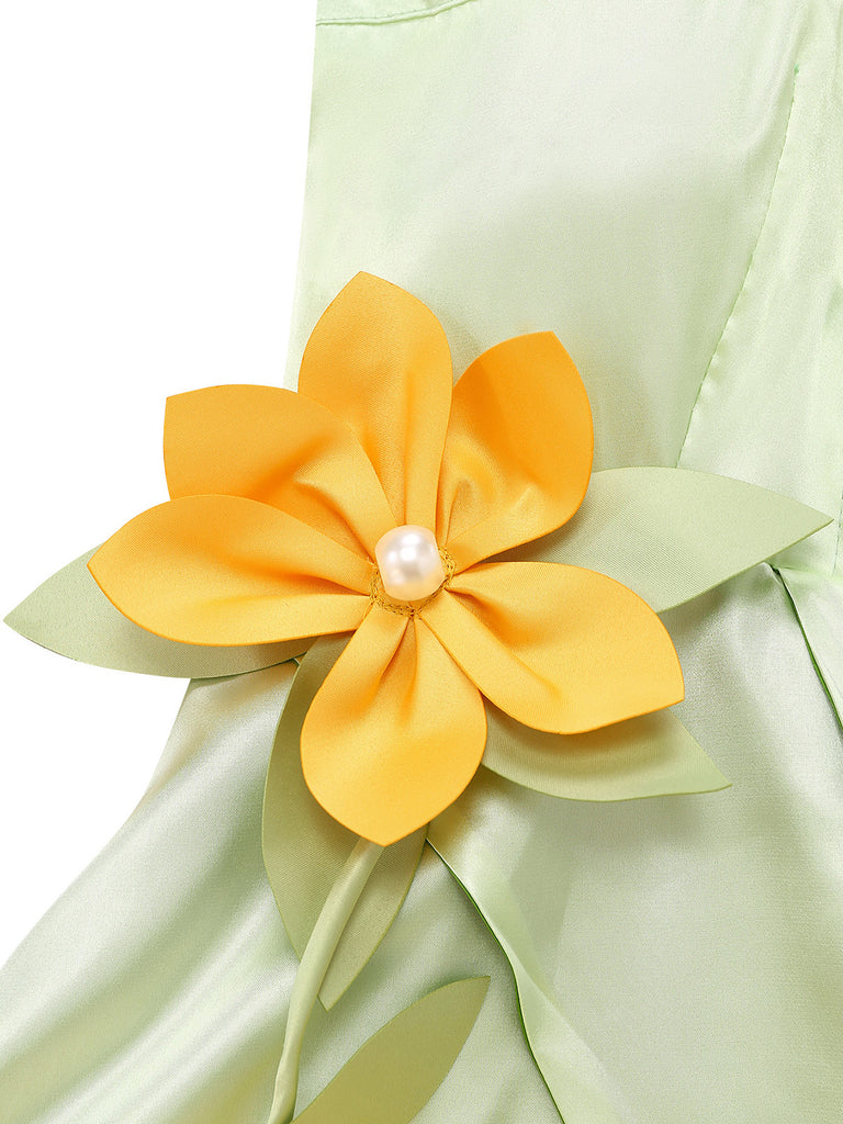 1950s Satin Fairy Green Leaf Petal Princess Costume Dress Set
