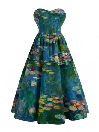 [Pre-Sale] [Plus Size] Blue 1950s Water Lily Sweetheart Strapless Dress