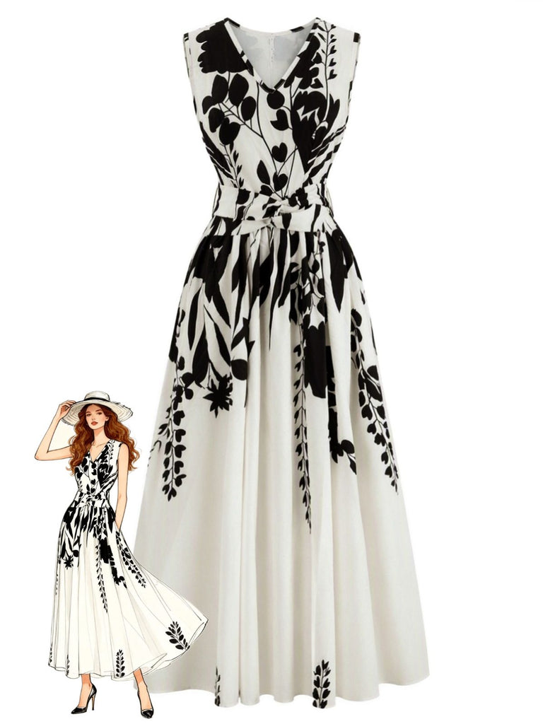 Beige 1940s Floral V-Neck Sleeveless Midi Dress