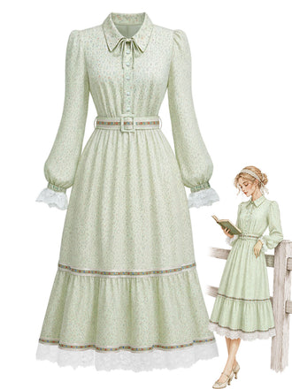 [Pre-Sale] 1930s Pastoral Print Ribbon Trim Midi Dress 1