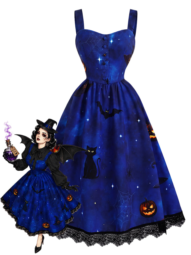 [Pre-Sale] 1940s Halloween Cat & Pumpkin Print Lace-Hem Pinafore Dress