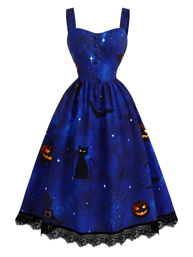 [Pre-Sale] 2PCS 1940s Cat & Pumpkin Print Dress & Virago-Sleeve Blouse Set