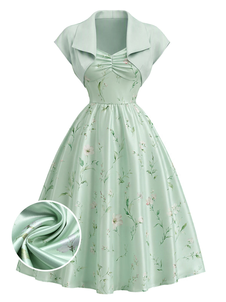 [Pre-Sale] 2PCS 1940s Sweetheart Satin Floral Dress With Bolero Jacket