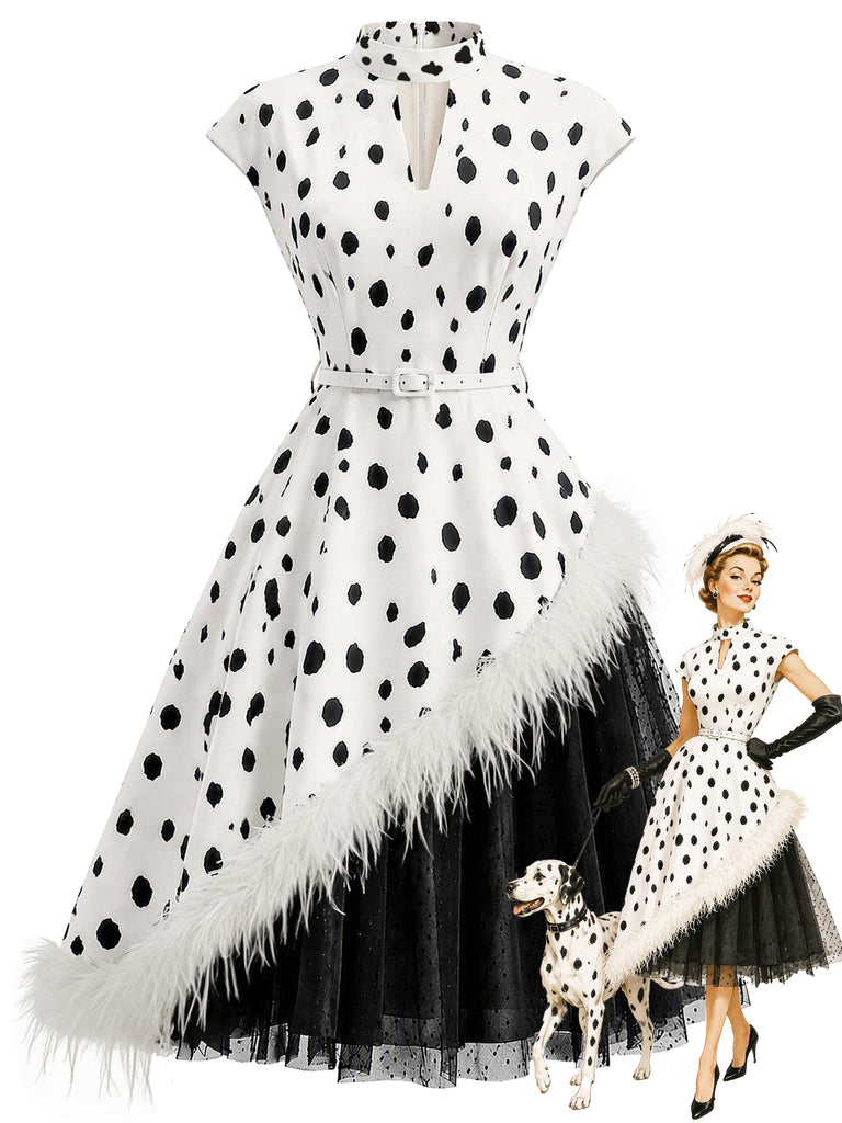 Black & White 1950s Spotted Feather Trim Belted Dress