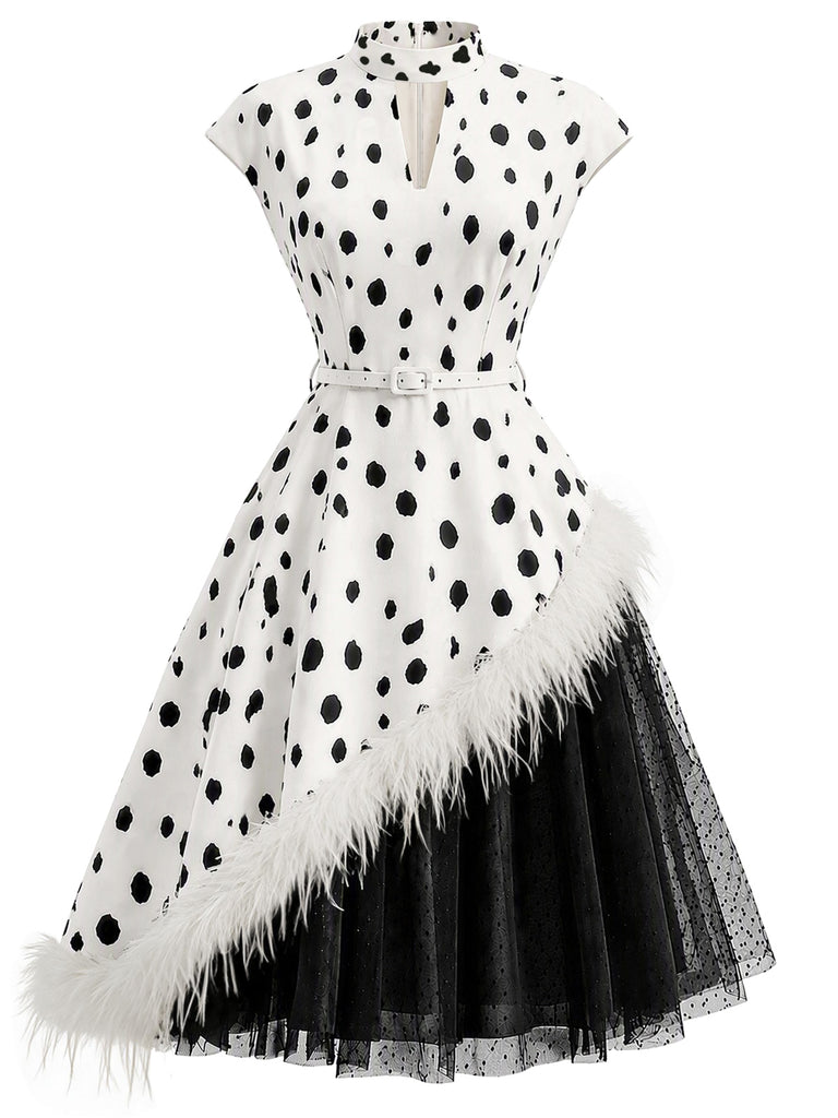 Black & White 1950s Spotted Feather Trim Belted Dress