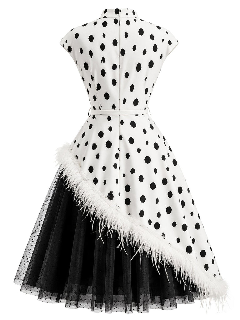Black & White 1950s Spotted Feather Trim Belted Dress