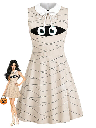 [Pre-Sale] Beige 1960s Halloween Mummy Peter Pan Collar Sleeveless Dress
