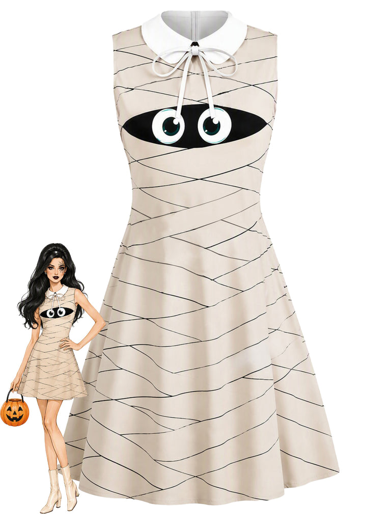 [Pre-Sale] Beige 1960s Halloween Mummy Peter Pan Collar Sleeveless Dress