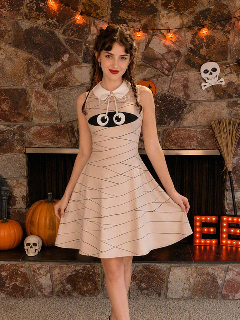 [Pre-Sale] Beige 1960s Halloween Mummy Peter Pan Collar Sleeveless Dress